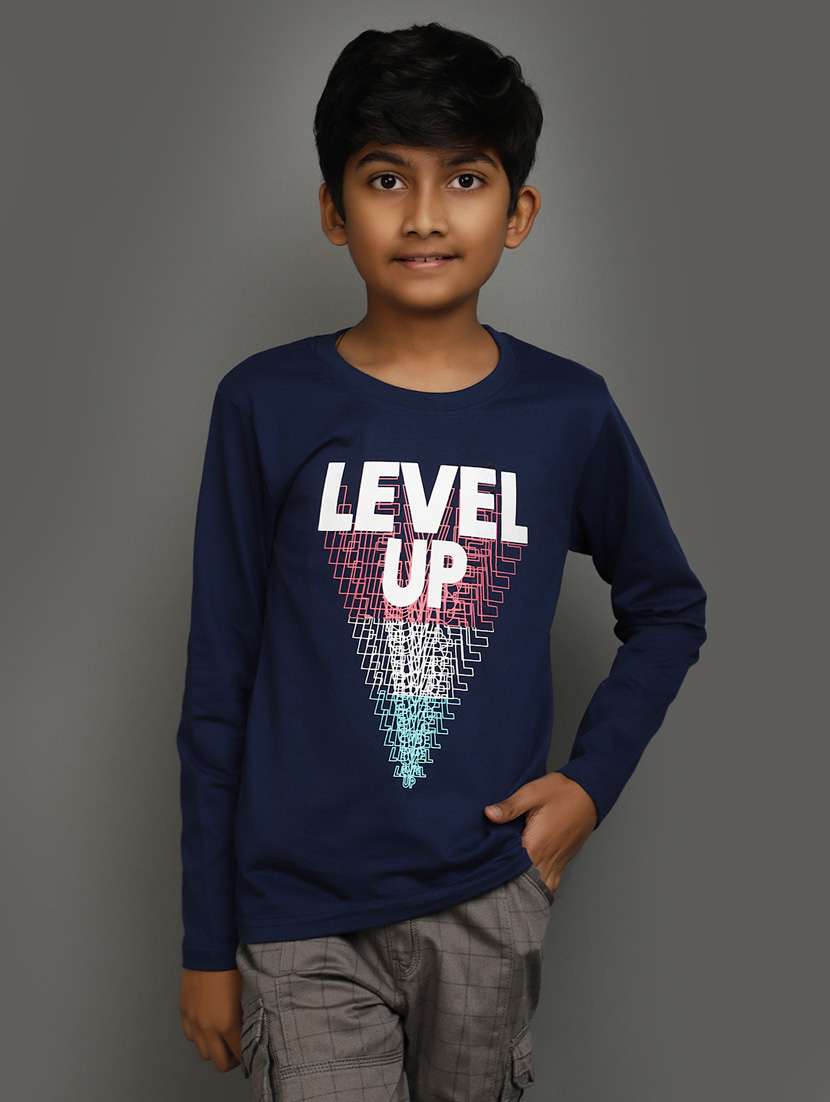 navy blue front print cotton t-shirt