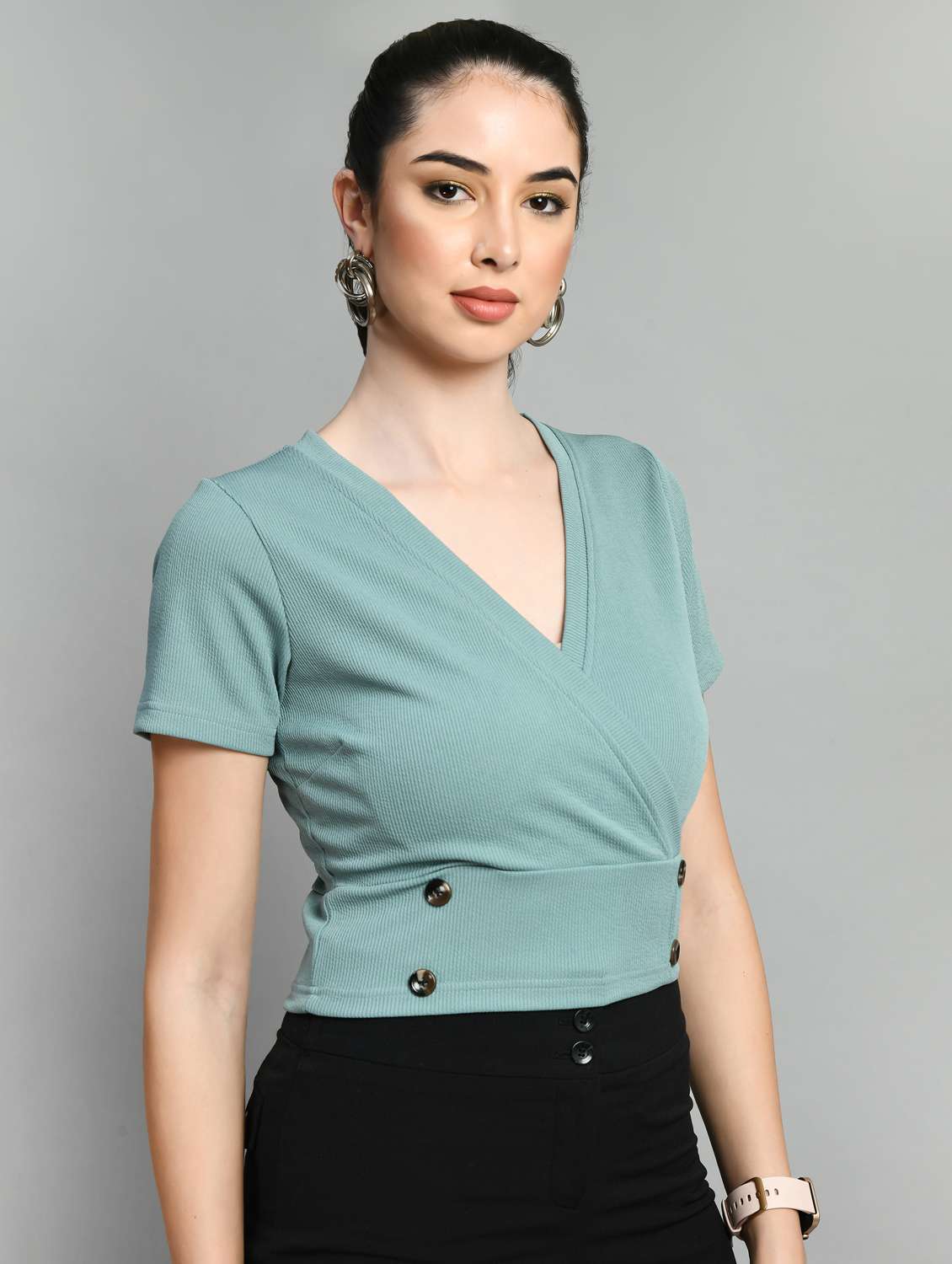 women solids v neck short sleeves top - 21052458 -  Standard Image - 1