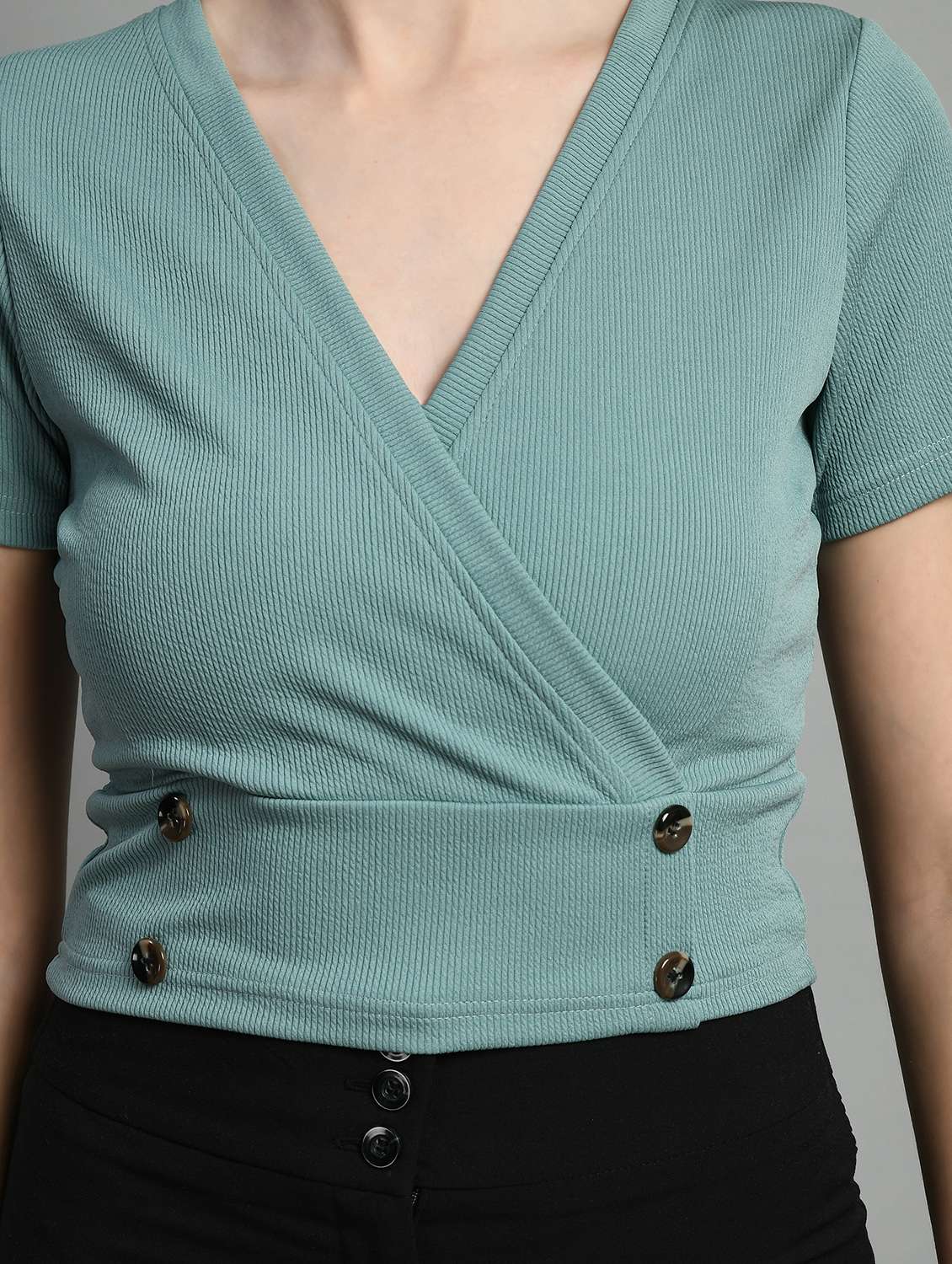 women solids v neck short sleeves top - 21052458 -  Standard Image - 4