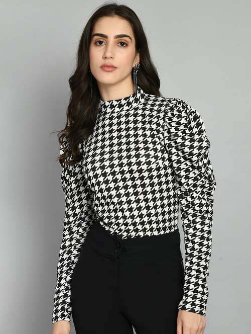 women mock neck houndstooth regular top - 21052582 -  Standard Image - 0