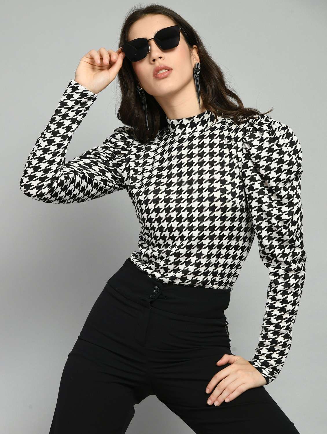 women mock neck houndstooth regular top - 21052582 -  Standard Image - 1