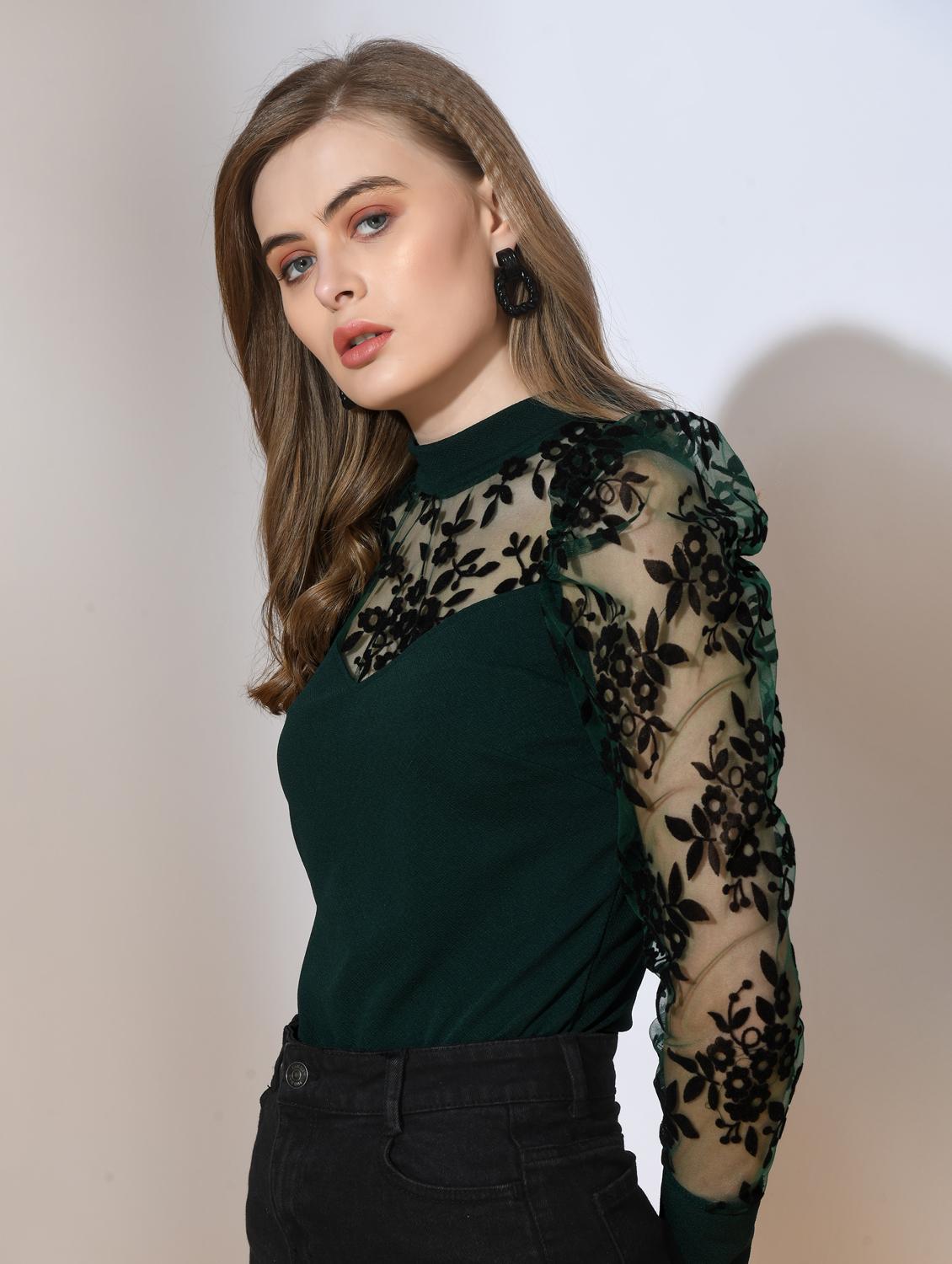 green self design detailed casual top - 21052638 -  Standard Image - 1