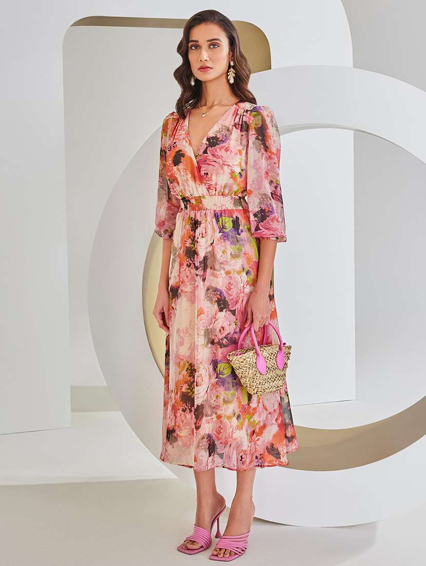 women pink floral printed fit & flare dress - 21054854 - Standard Image - 1