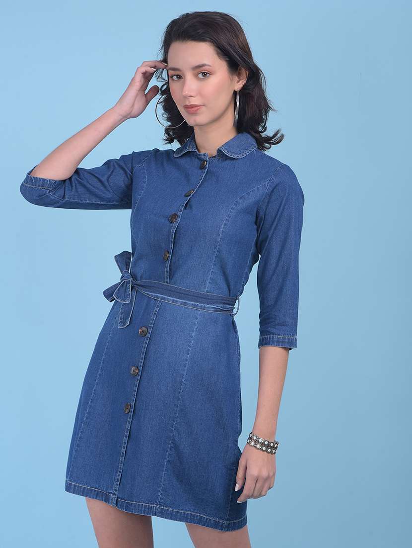 women solid blue detailed dress - 21054858 -  Standard Image - 1