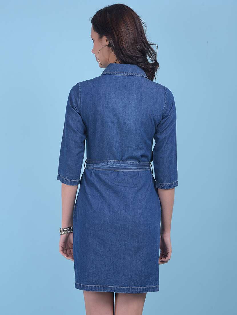 women solid blue detailed dress - 21054858 -  Standard Image - 4