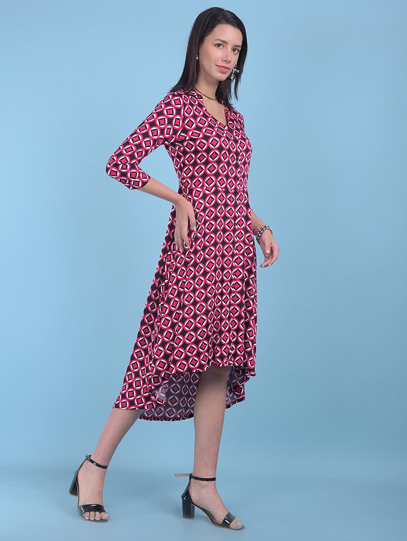 women black printed high low detailed dress - 21054865 - Standard Image - 1