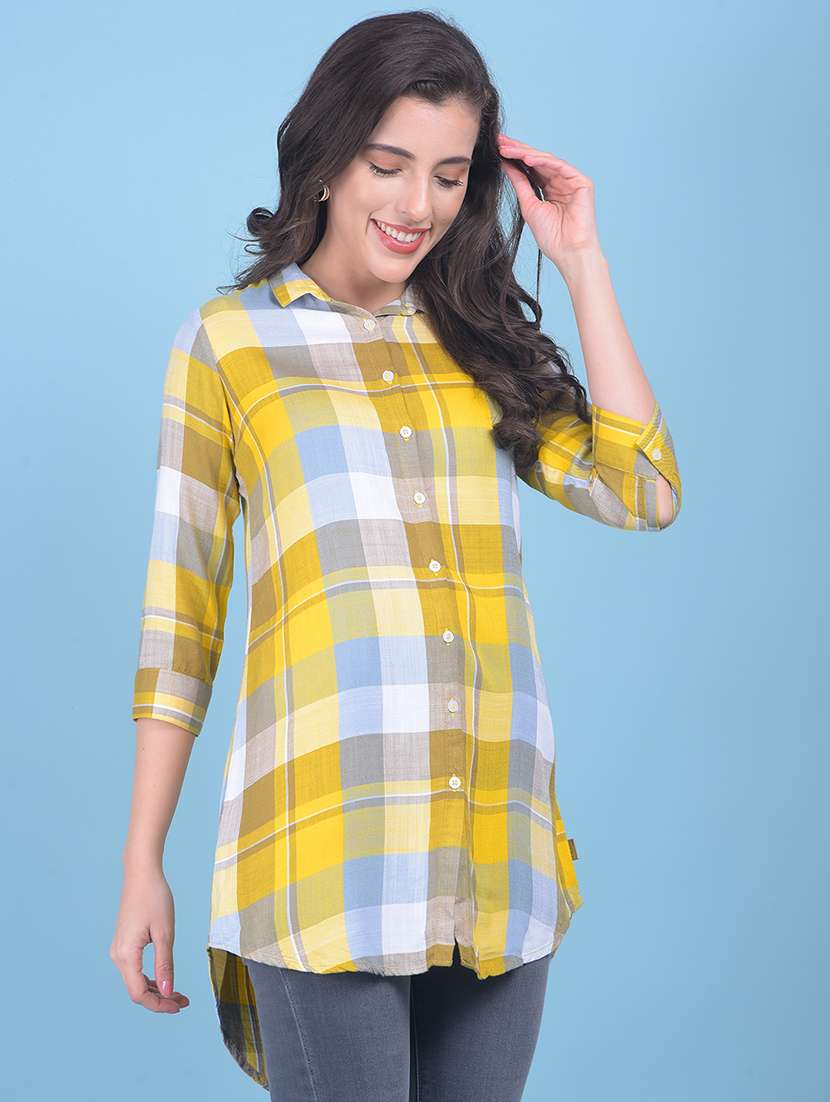 women yellow checked printed high low detailed shirt