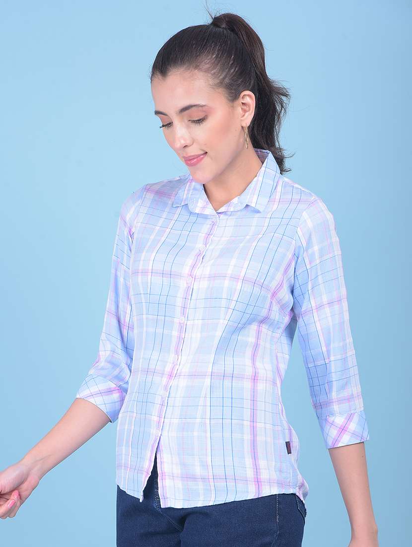 women light blue checked printed casual shirt - 21054906 -  Standard Image - 1