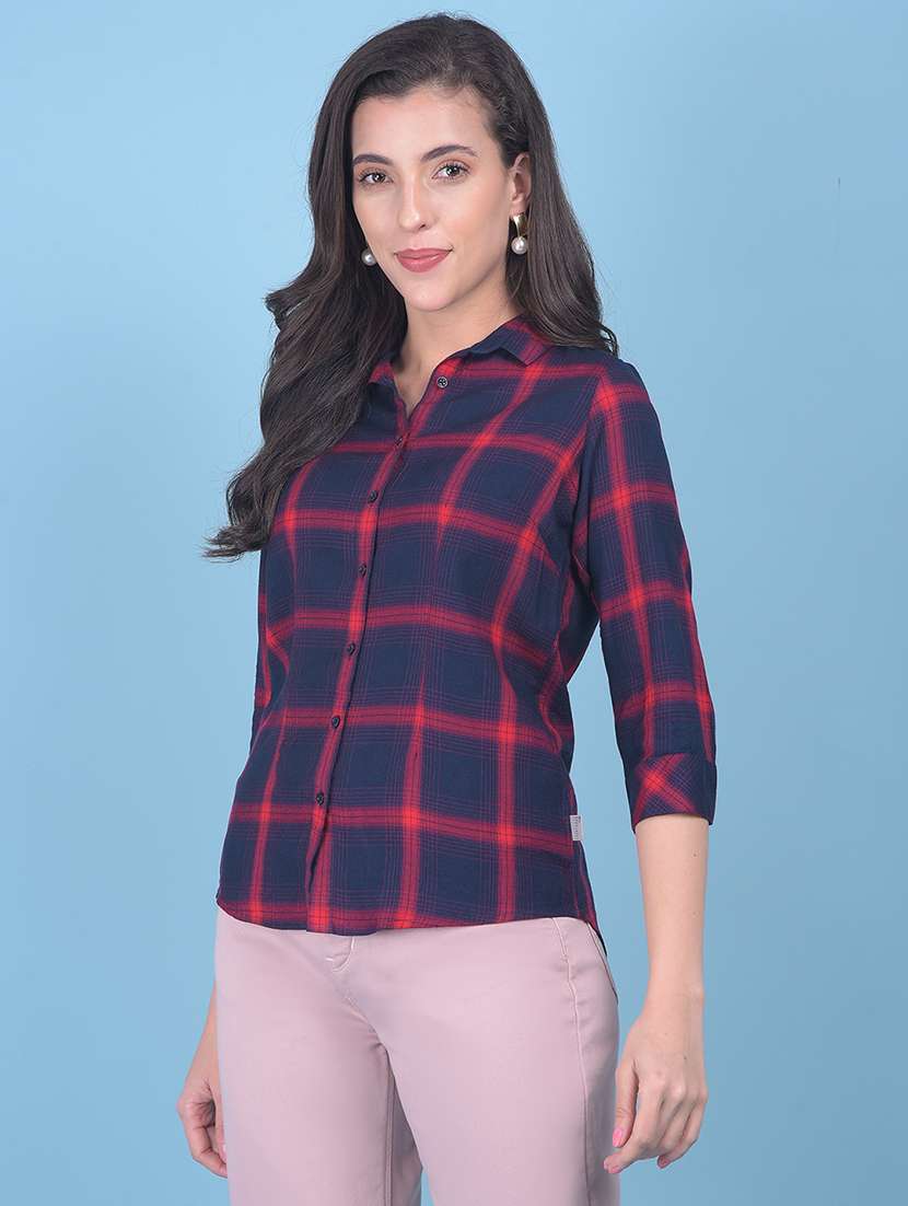 women navy blue checked printed casual shirt