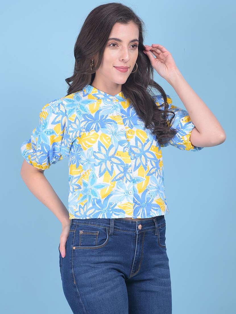 women light blue floral printed shirt