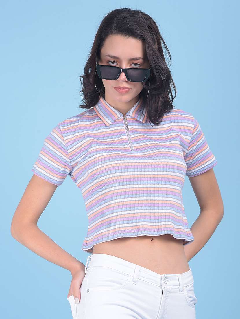 polo neck striped crop t-shirt