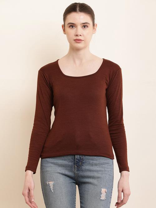 solid brown cotton lycra casual top - 21055544 - Standard Image - 0