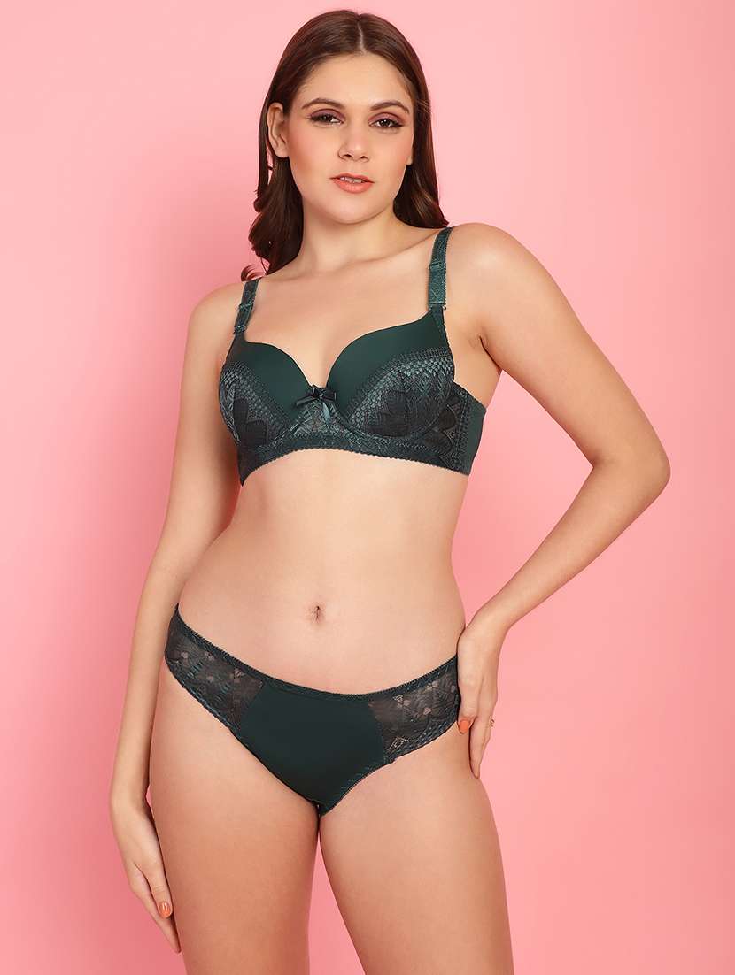 bottle green lace detailed bra and panty set