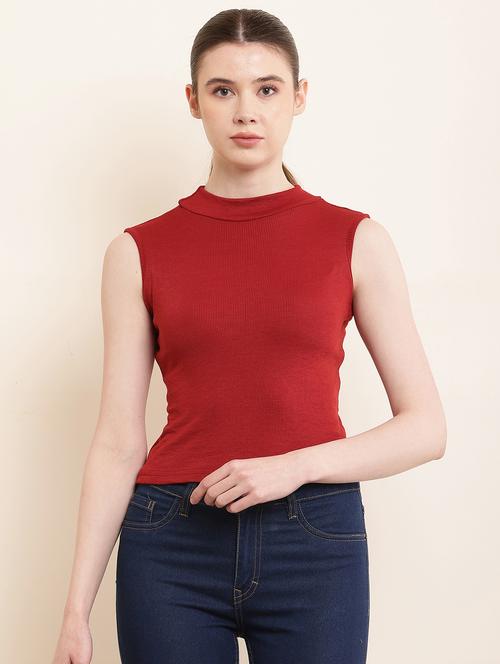solid red cotton lycra casual top - 21056246 - Standard Image - 0