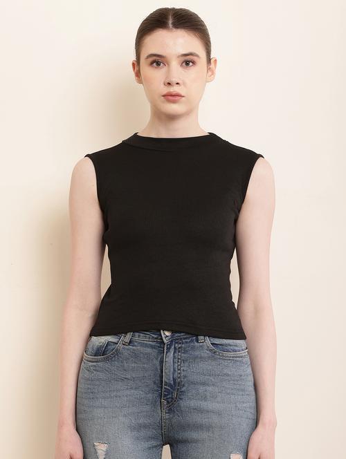 solid black cotton lycra casual top - 21056247 -  Standard Image - 0