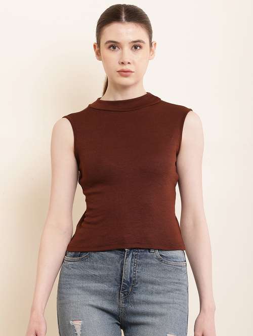 solid brown cotton lycra casual top - 21056248 - Standard Image - 0