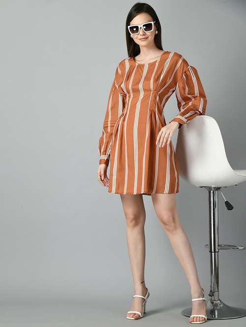 women brown striped printed dress - 21057795 -  Standard Image - 0