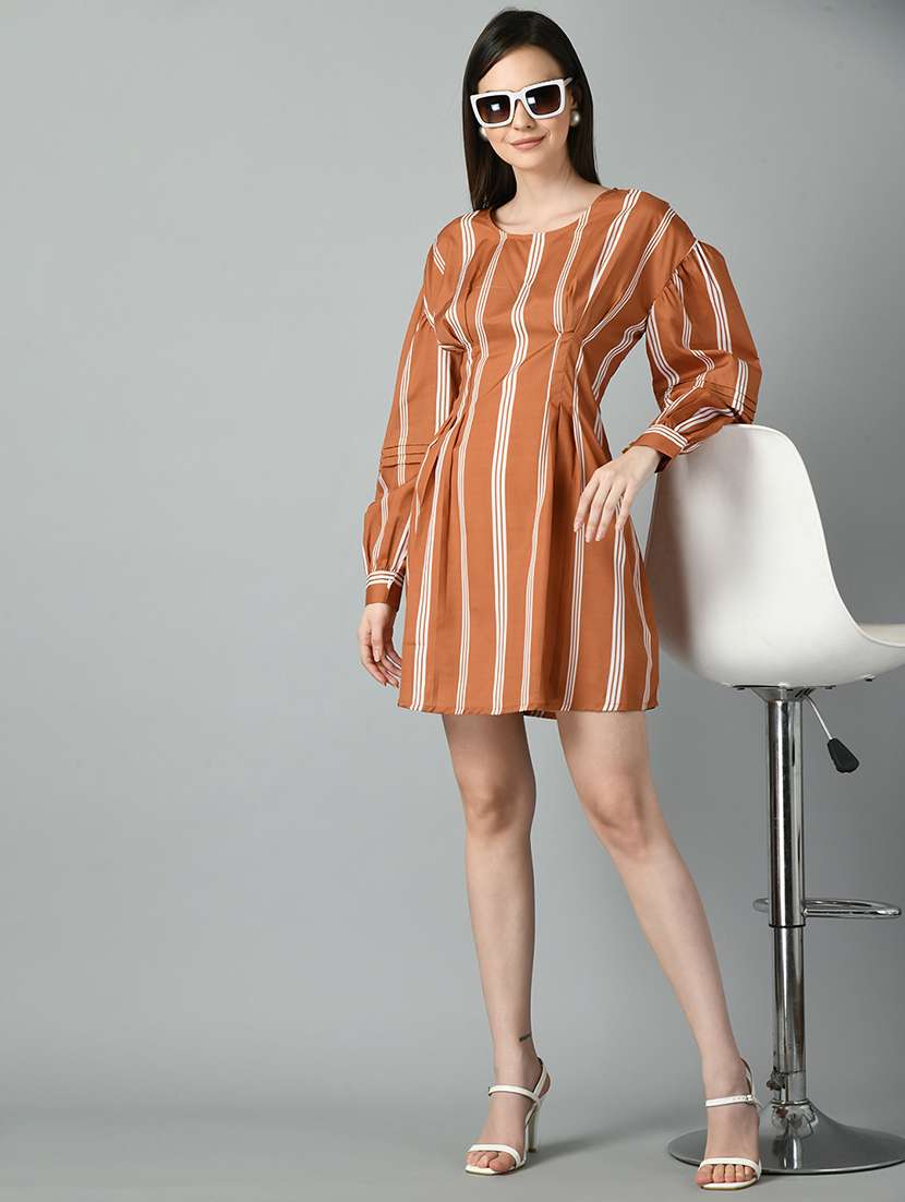 women brown striped printed dress