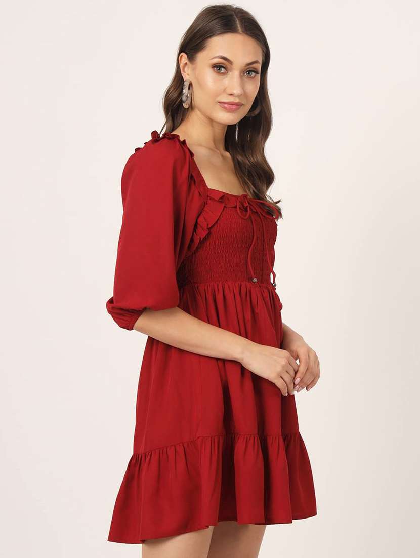 women solid red smocked dress - 21057864 - Standard Image - 1