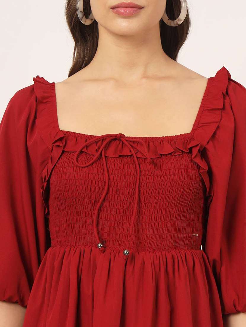 women solid red smocked dress - 21057864 - Standard Image - 4