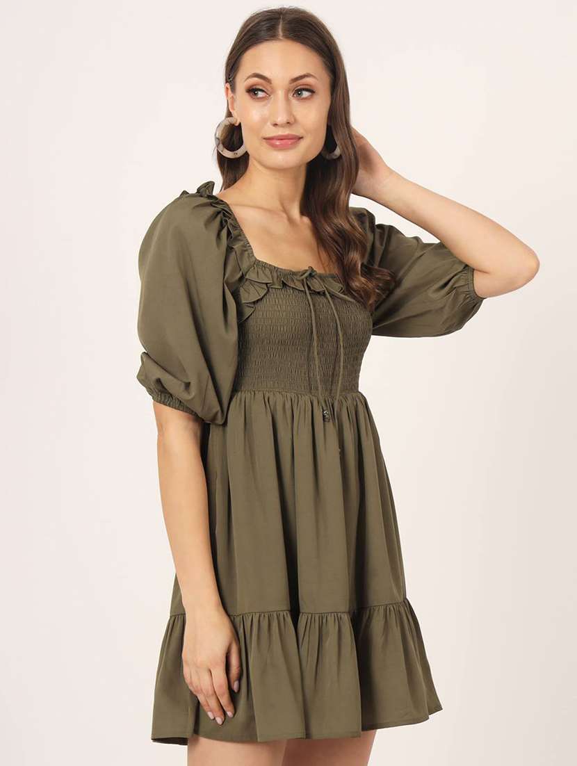 women solid olive green smocked dress - 21057866 -  Standard Image - 1