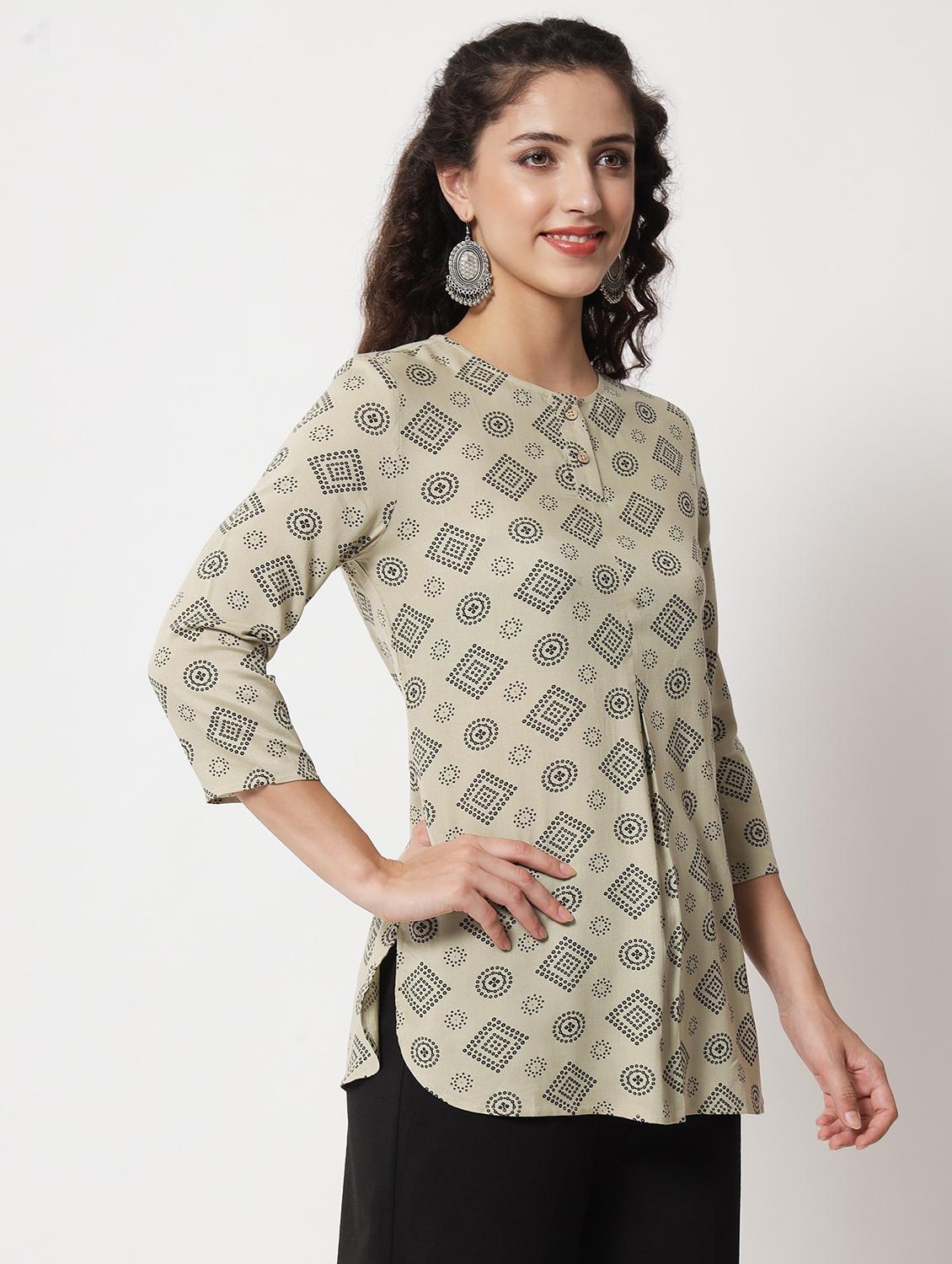 beige printed cotton short kurti - 21057942 -  Standard Image - 1
