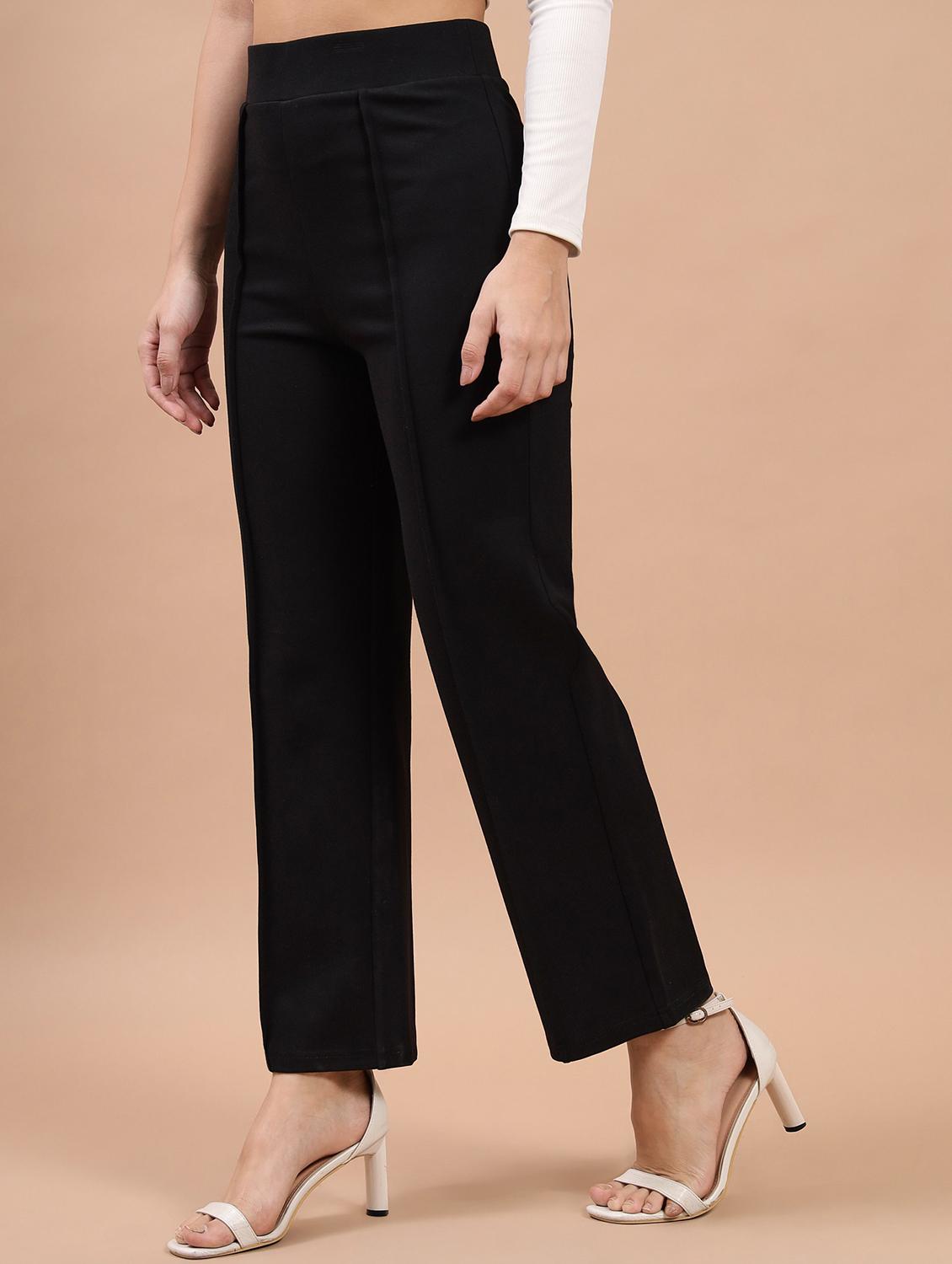 women solid black flat front trouser - 21058057 - Standard Image - 1