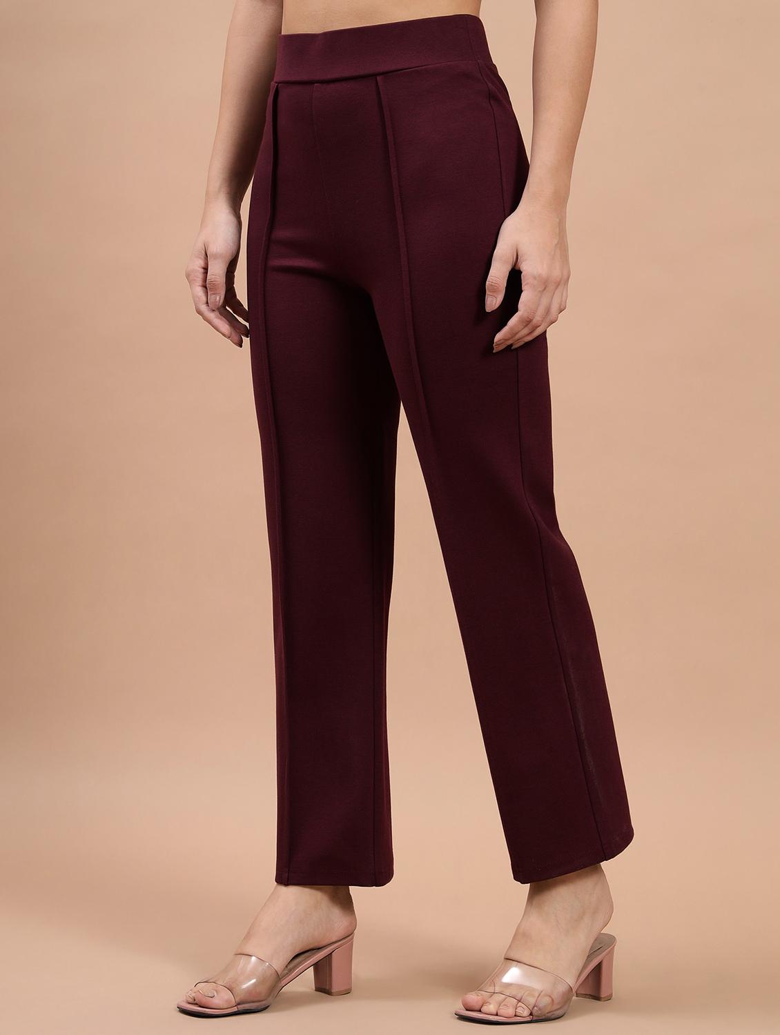 women solid maroon flat front trouser - 21058058 -  Standard Image - 1