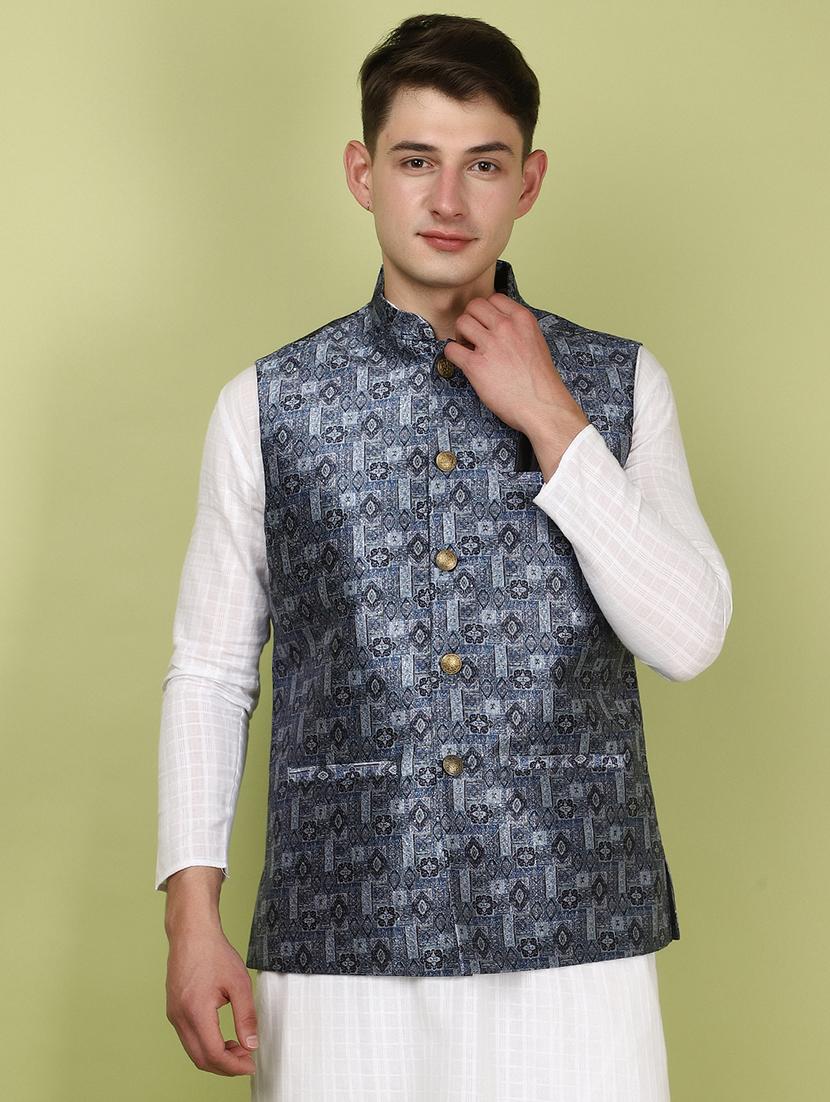 men mandarin neck printed nehru jacket - 21058221 -  Zoom Image - 0