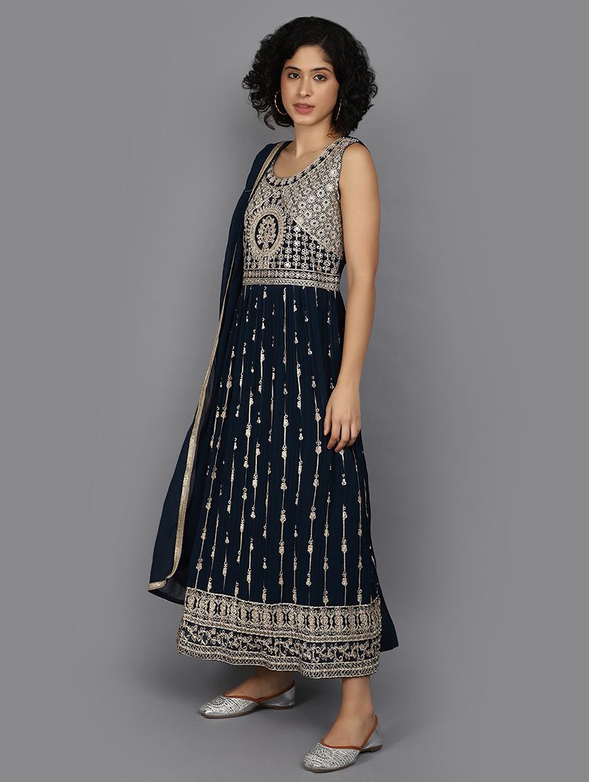 women blue embroidered a-line ethnic dress with dupatta - 21058245 - Standard Image - 1