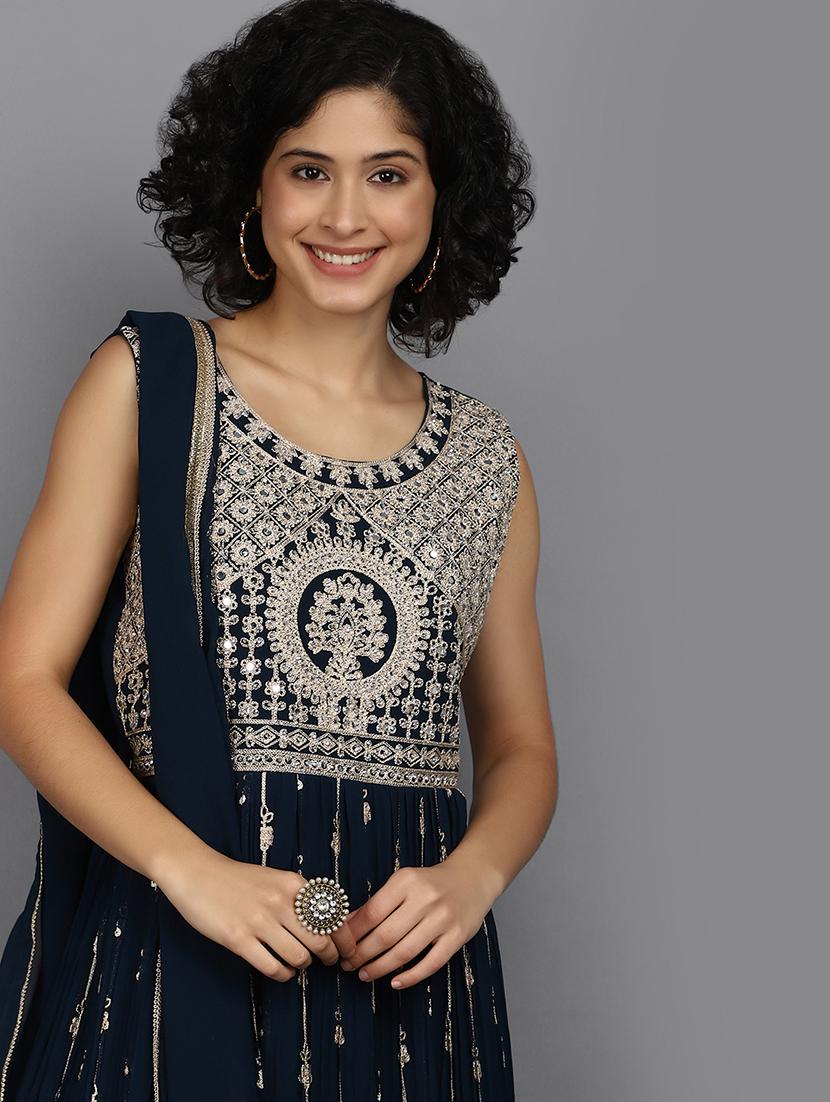 women blue embroidered a-line ethnic dress with dupatta - 21058245 - Standard Image - 4