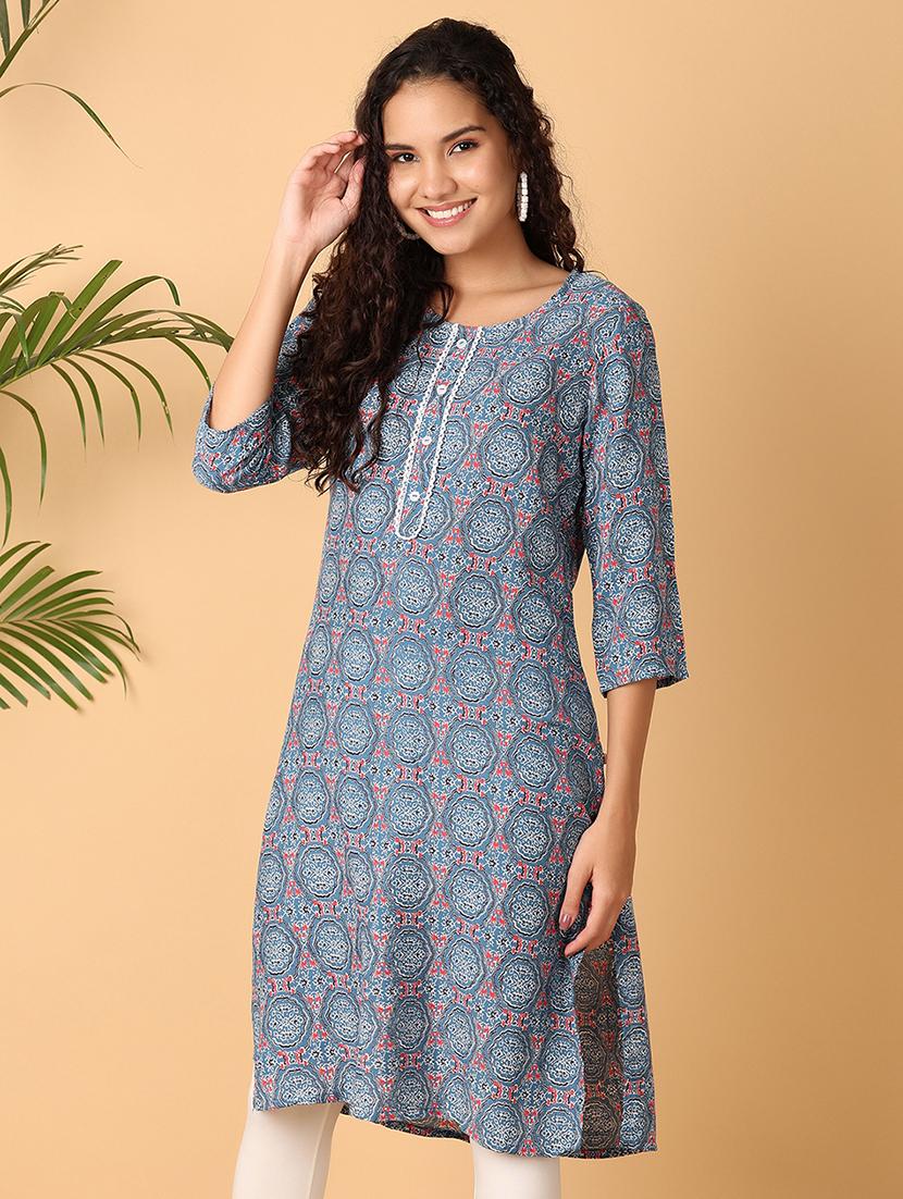 women blue printed a-line kurta - 21058301 -  Standard Image - 1