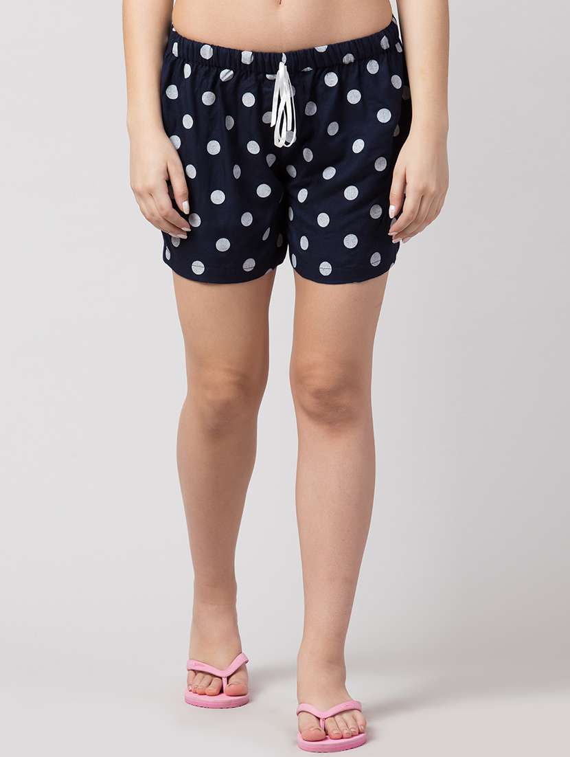 women navy blue polka dots printed regular shorts
