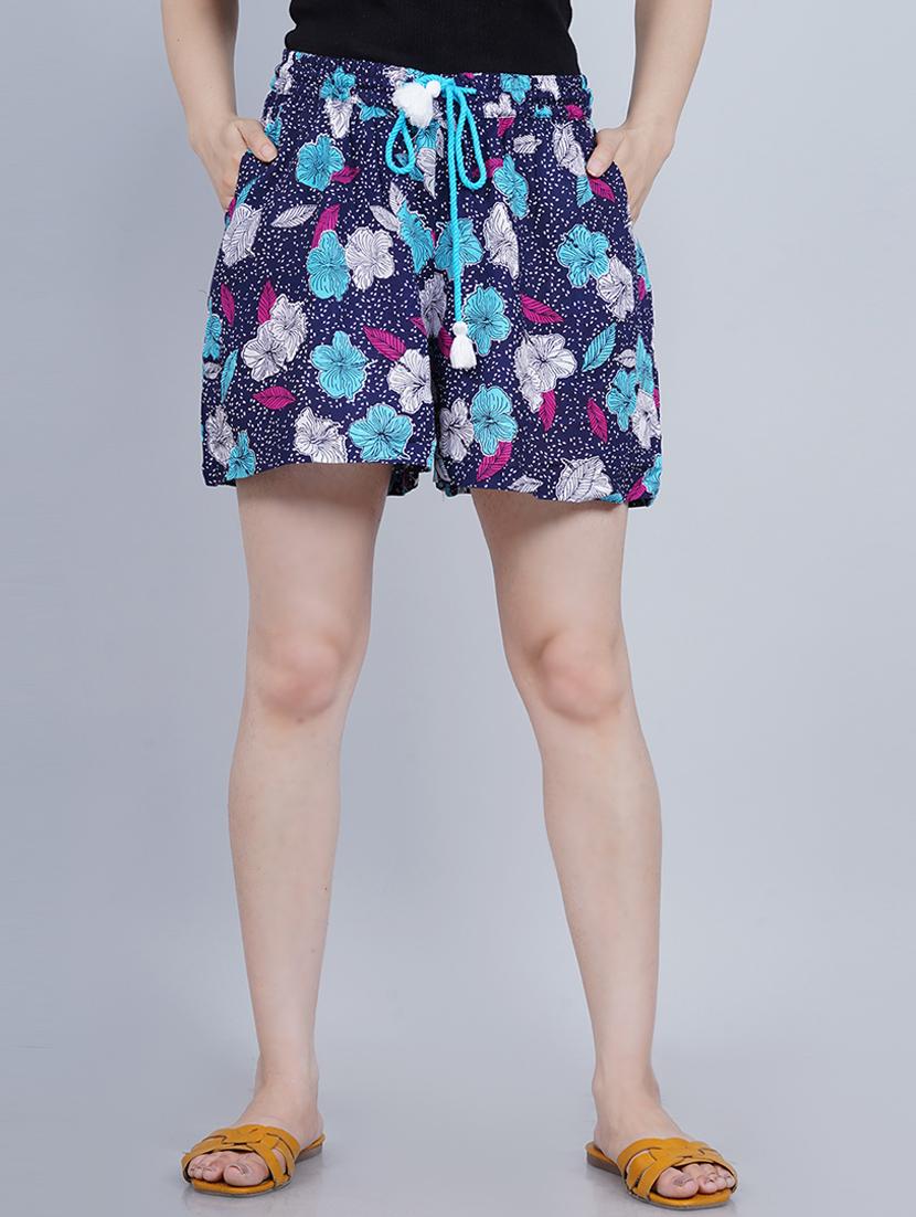 women navy blue floral printed regular shorts - 21058737 - Zoom Image - 0