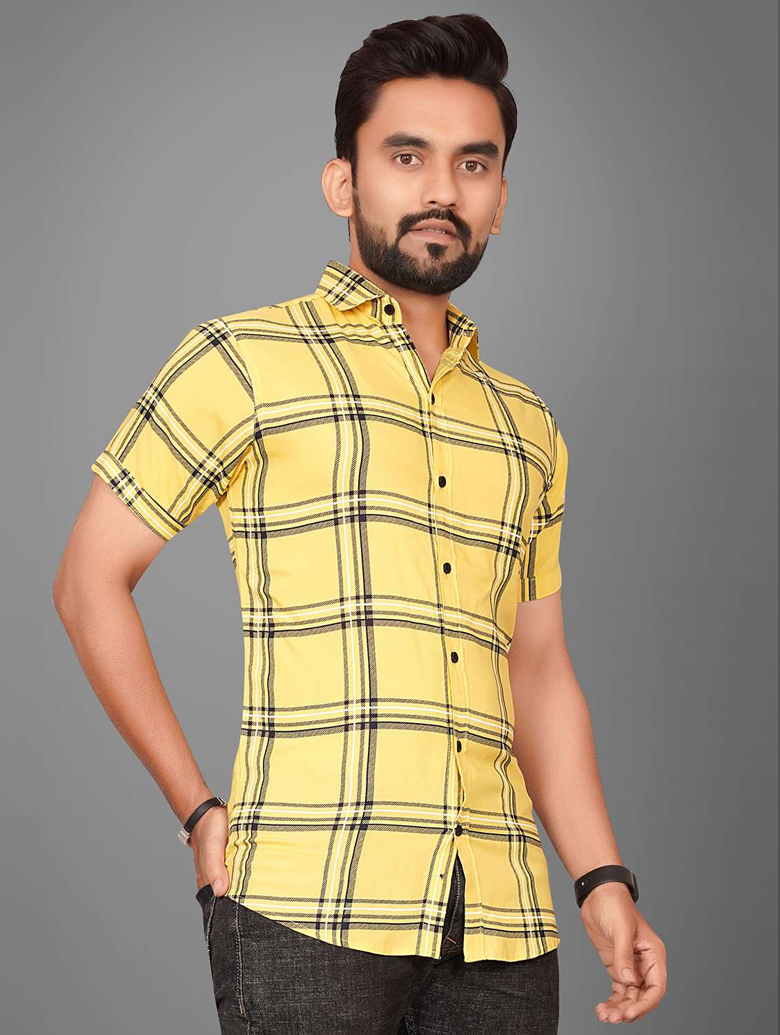 yellow checkered casual shirt - 21059133 - Standard Image - 1