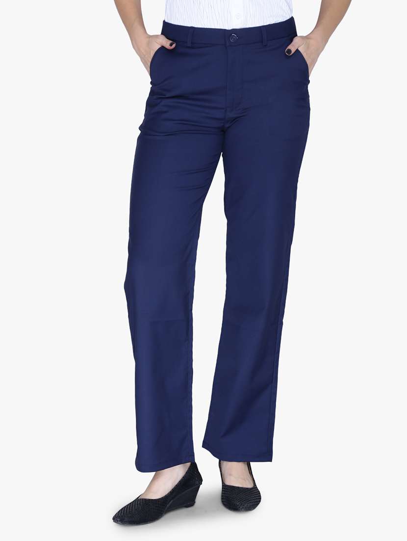 women solid navy blue bootcut trouser