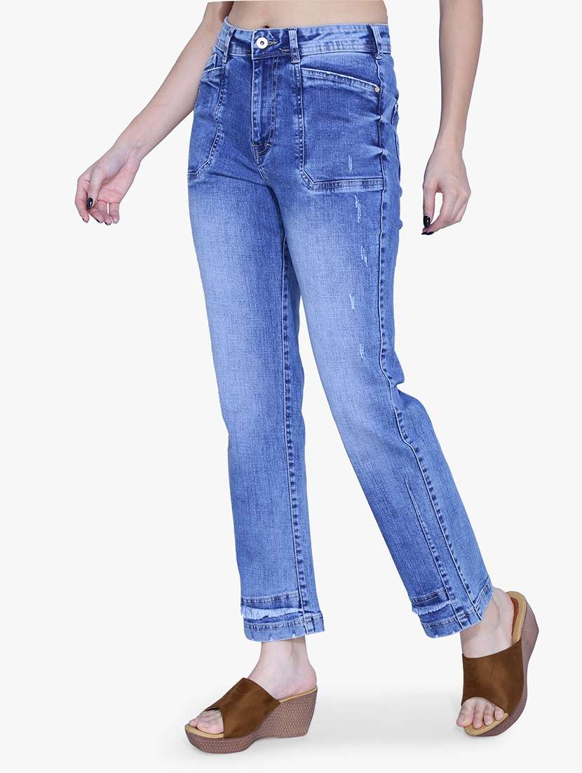 women solid light blue straight fit jeans
