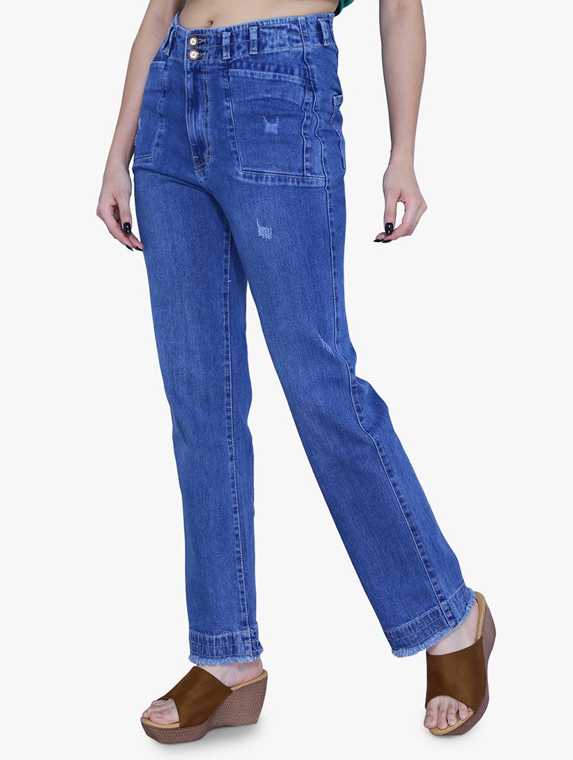 women blue distressed straight fit jeans - 21059728 - Standard Image - 1