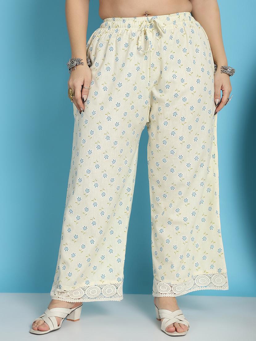 cream floral printed straight palazzo - 21059911 -  Zoom Image - 0