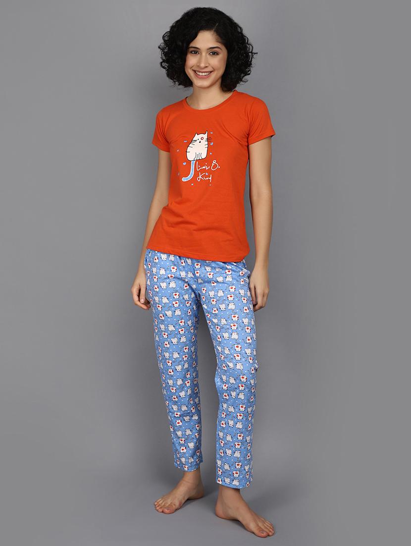 women rust cotton top & pyjama set - 21061676 - Standard Image - 1