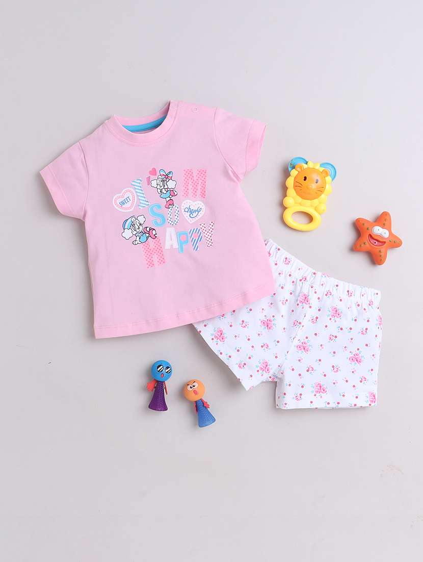 pink printed cotton top & shorts set