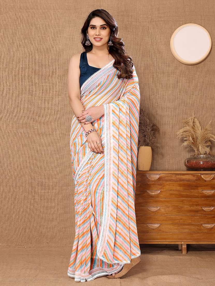white striped printed saree with blouse