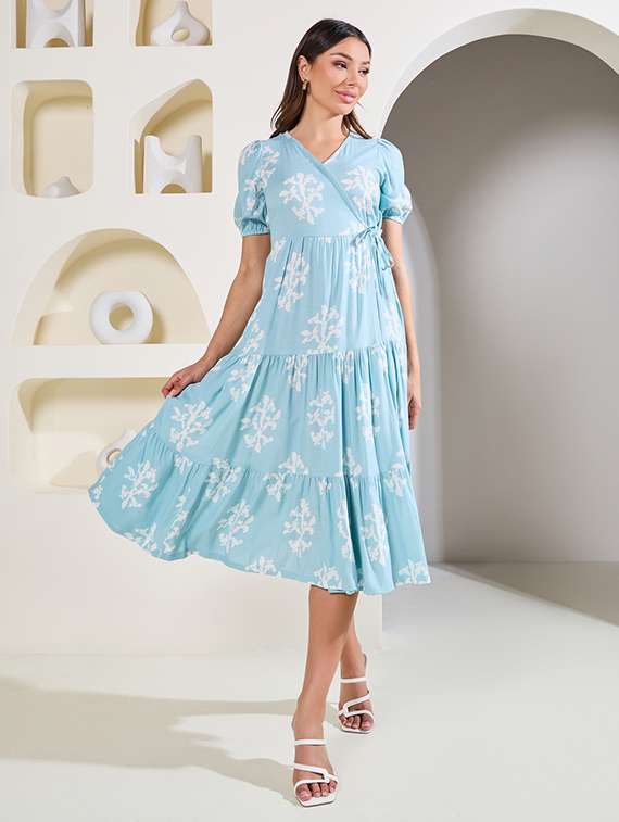 women printed puff sleeves tiered dress