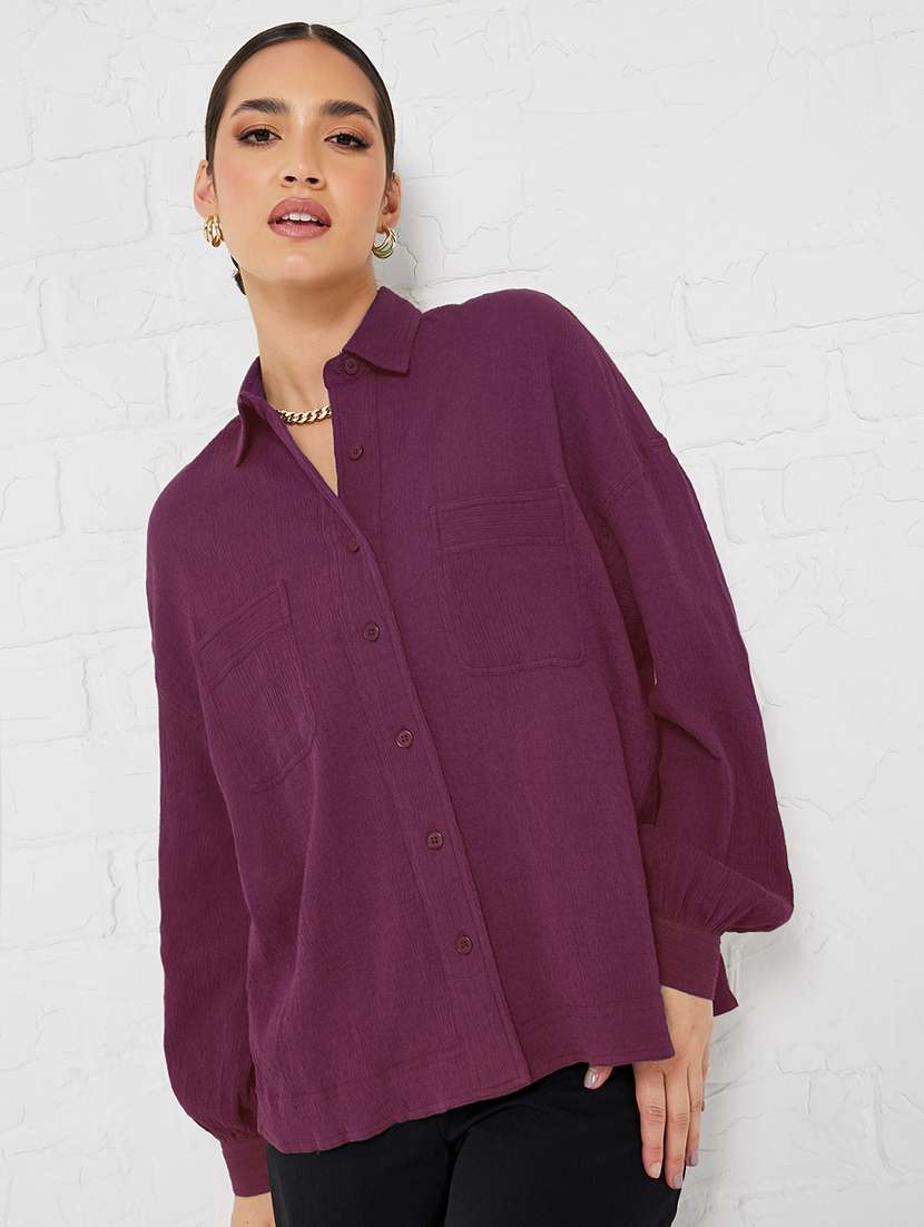 women solid collared oversized shirt