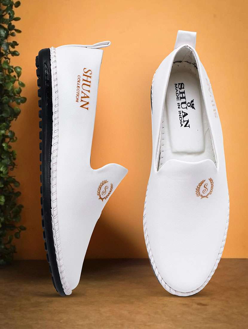 white leatherette slip on moccasins