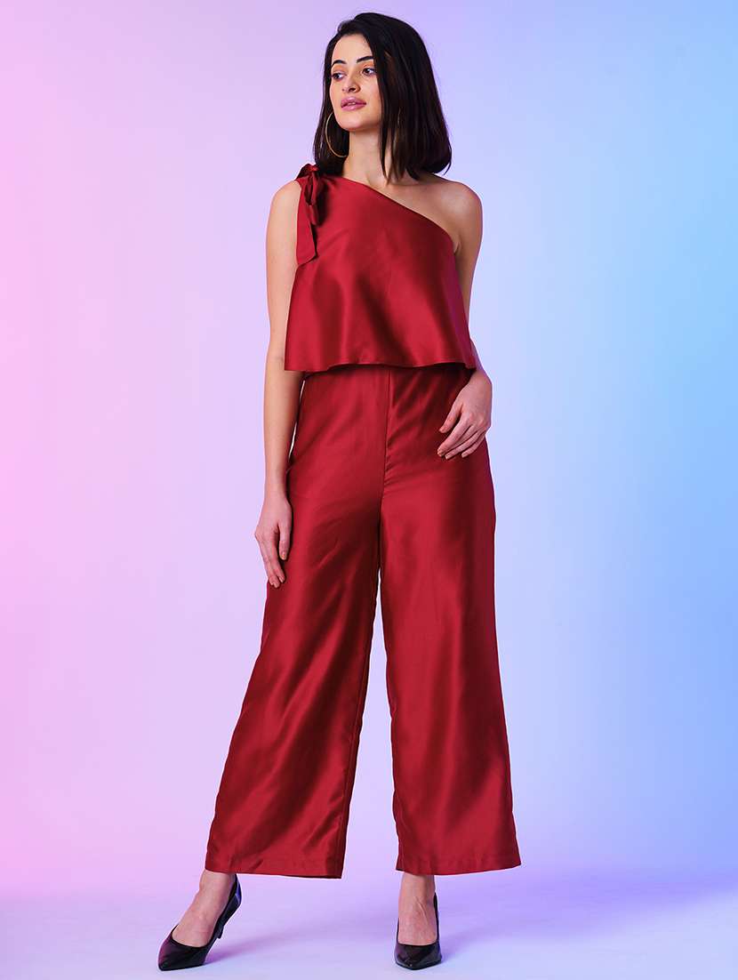 maroon polyester full leg jumpsuit