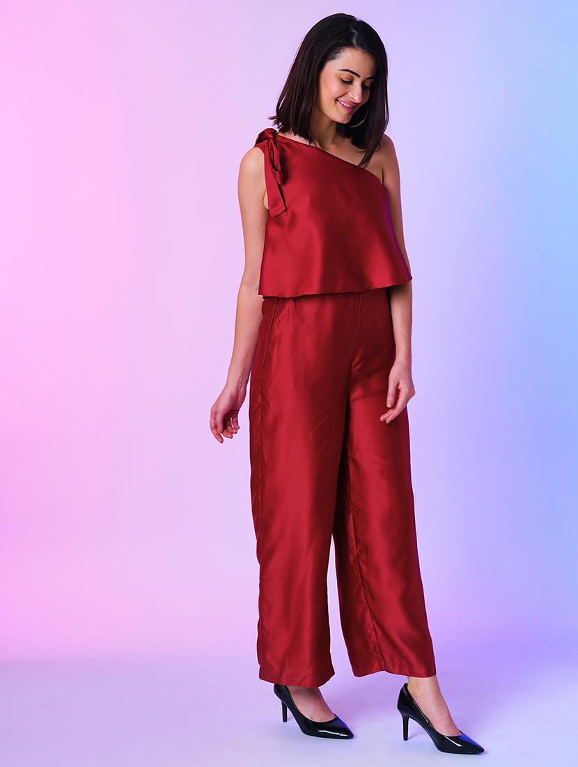 maroon polyester full leg jumpsuit - 21067256 - Standard Image - 1