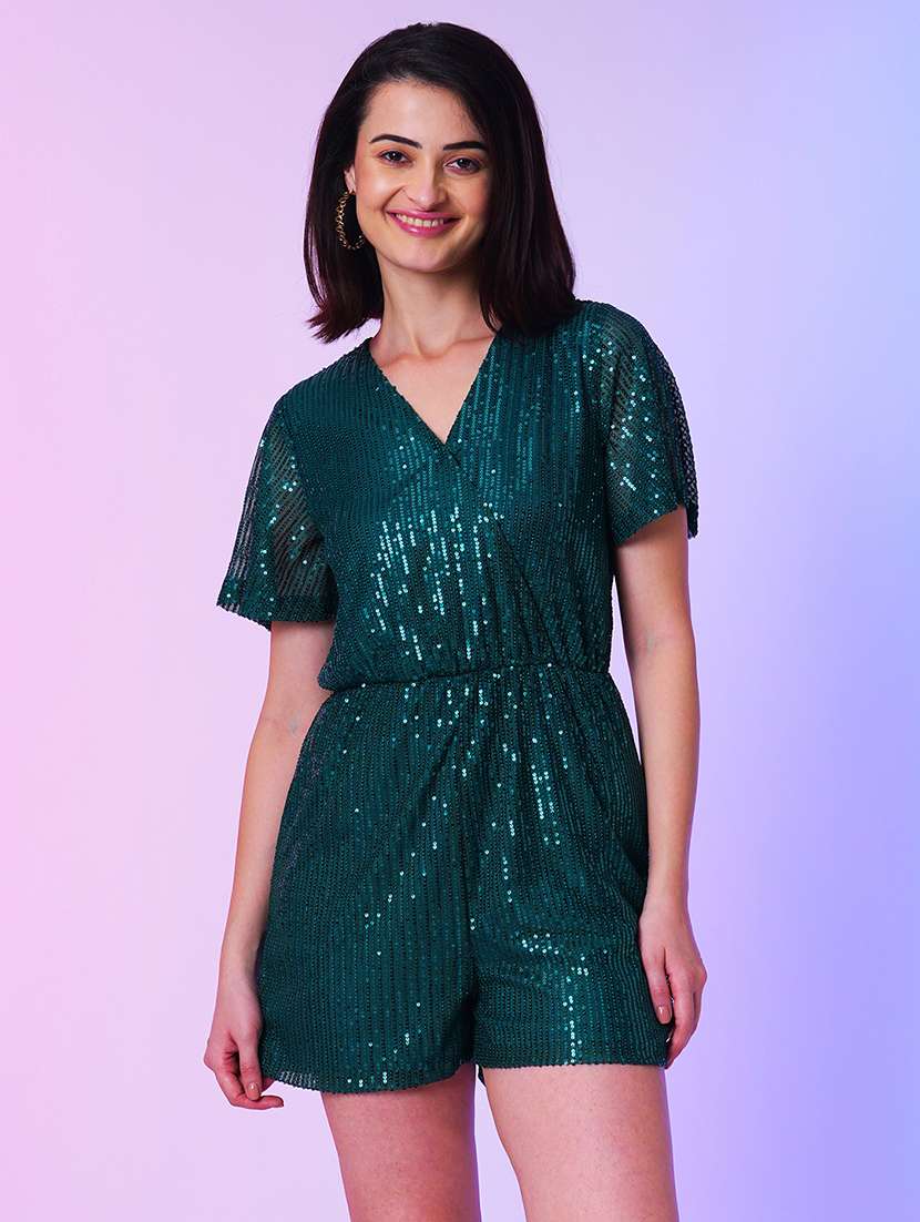 green polyester knee length jumpsuit