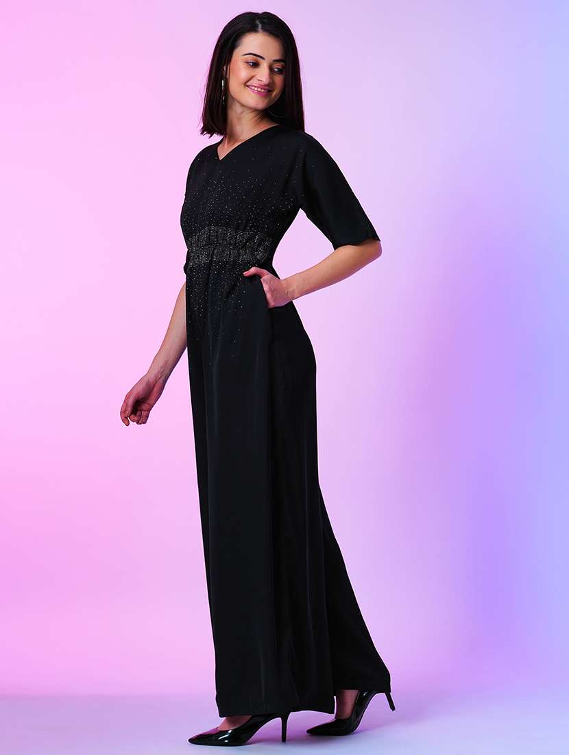 black polyester full leg jumpsuit - 21067259 -  Standard Image - 1