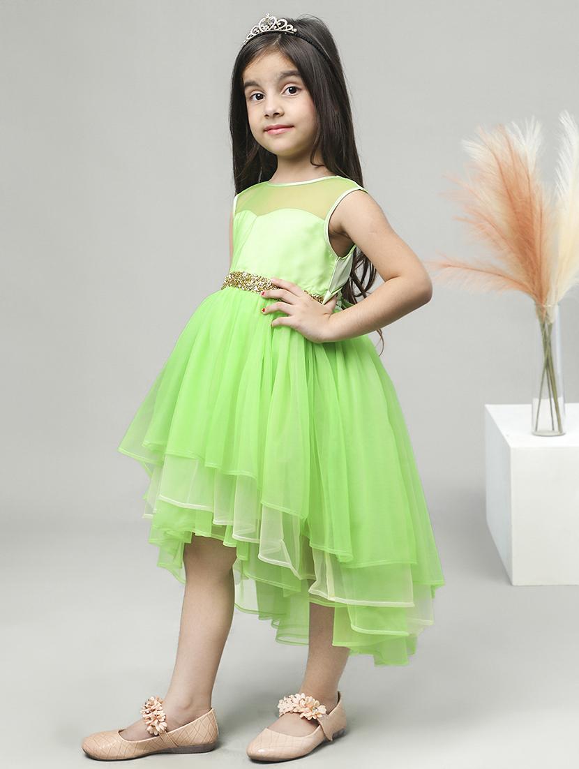 girls green self design high low detailed frock - 21067280 -  Standard Image - 1